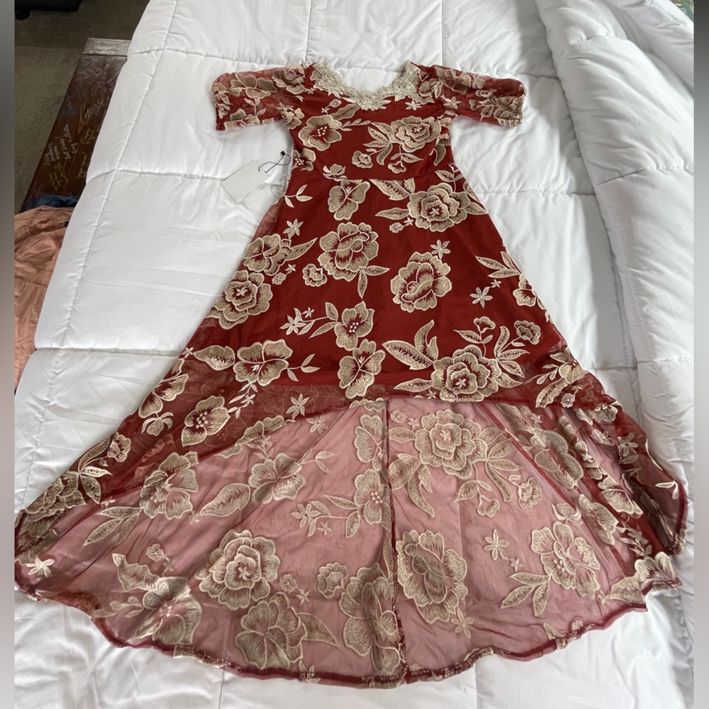 Mia joy red/gold lace high low dress sz 10